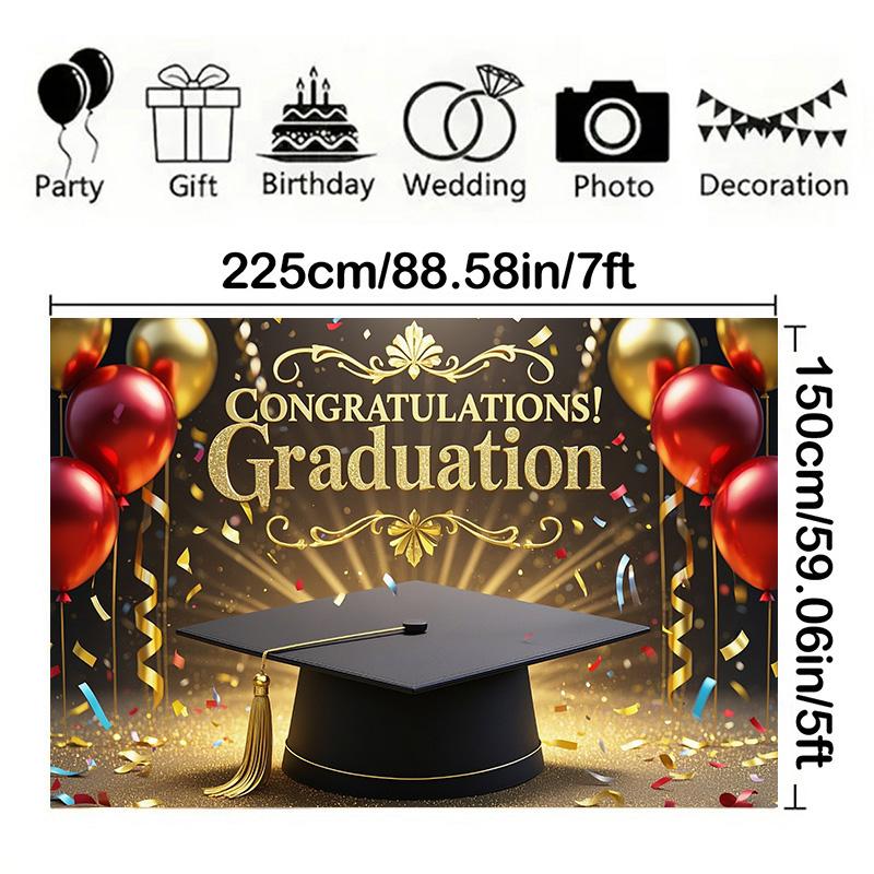 Abschluss-Hintergrund mit "GRADUATION"-Text, Ballons- und Konfetti-Design für Rasen im Freien, Gartenfeiern und Abschluss-Party-Dekor, Abschluss-Dekor