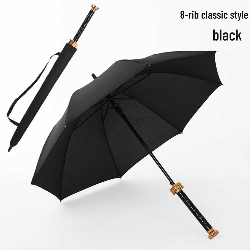 Men's Reinforced Long Handle Umbrella with Reflective Strips - Trendy Design for Sun and Rain
