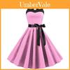 Vintage Retro Pink Patterned Flared Dress For Summer Fashion Women