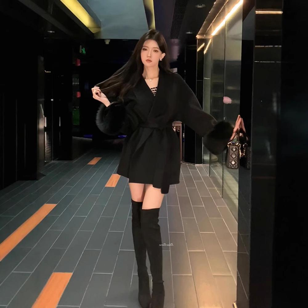 Black Woolen Coat Women's Autumn and Winter Waist Medium and Long Woolen Coat