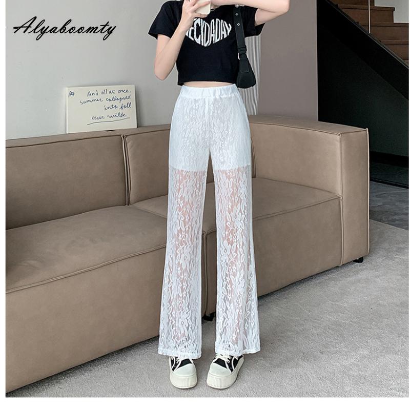 Korejská móda letní dámské bílé krajkové kalhoty s elastickým pasem, tenké stylové dámské elegantní ženské kalhoty se širokými nohavicemi