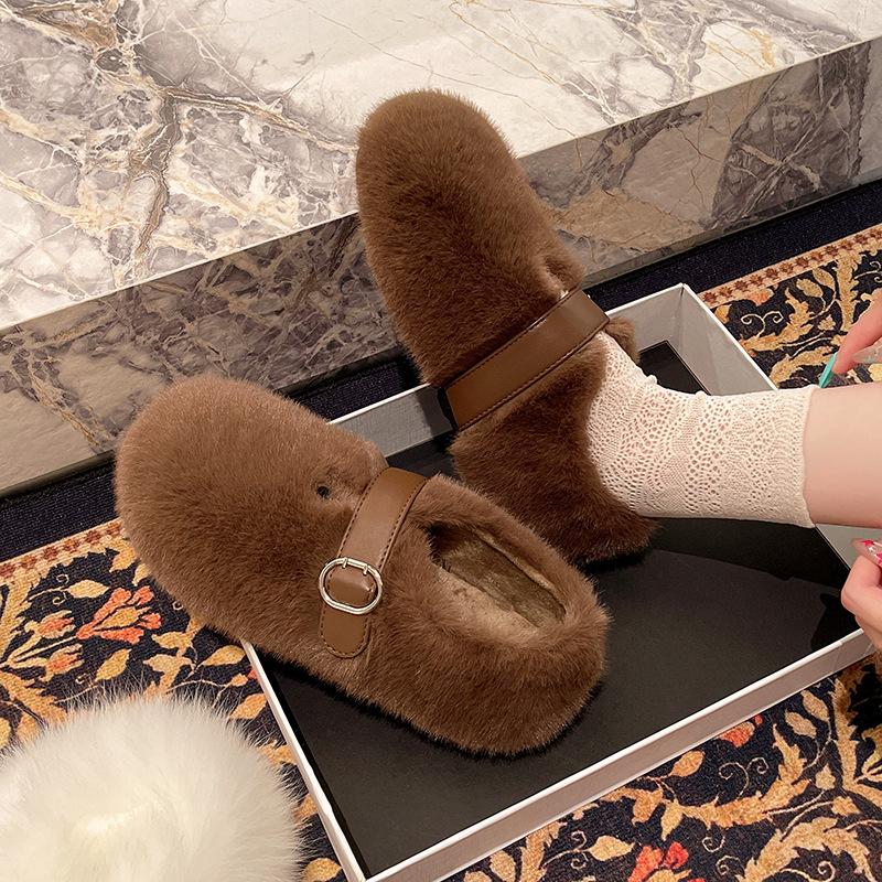 Mink Hairy Shoes for Women's Winter Wear 2025 New Korean Version French Soft Flat Bottom Velvet Warm Mary Jane Doudou Shoes