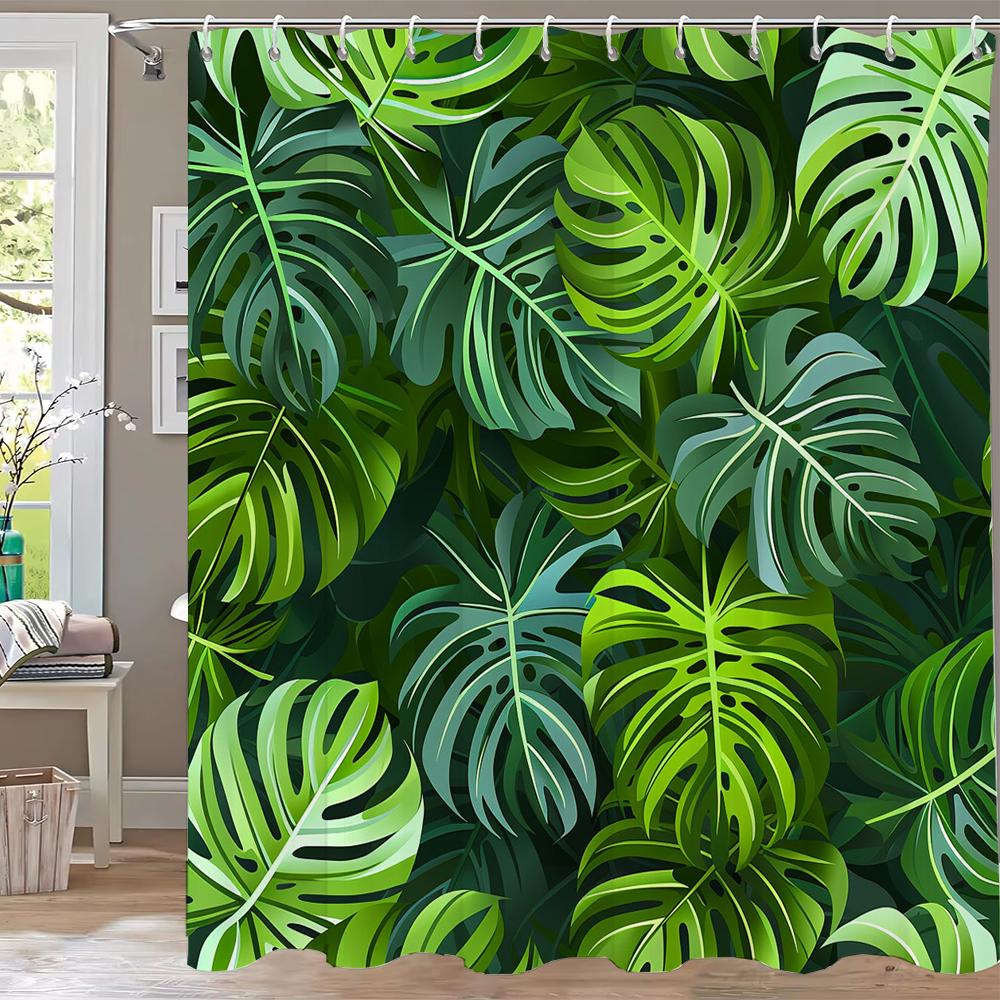 Tropical Leaves Shower Curtains Watercolour Green Palm Leaf Monstera Bath Curtain Black Polyester Home Bathroom Decor with Hooks