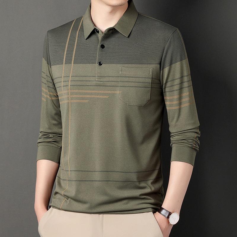 Men S Long Sleeve Striped Polo Shirt Casual Middle Age Dad Style