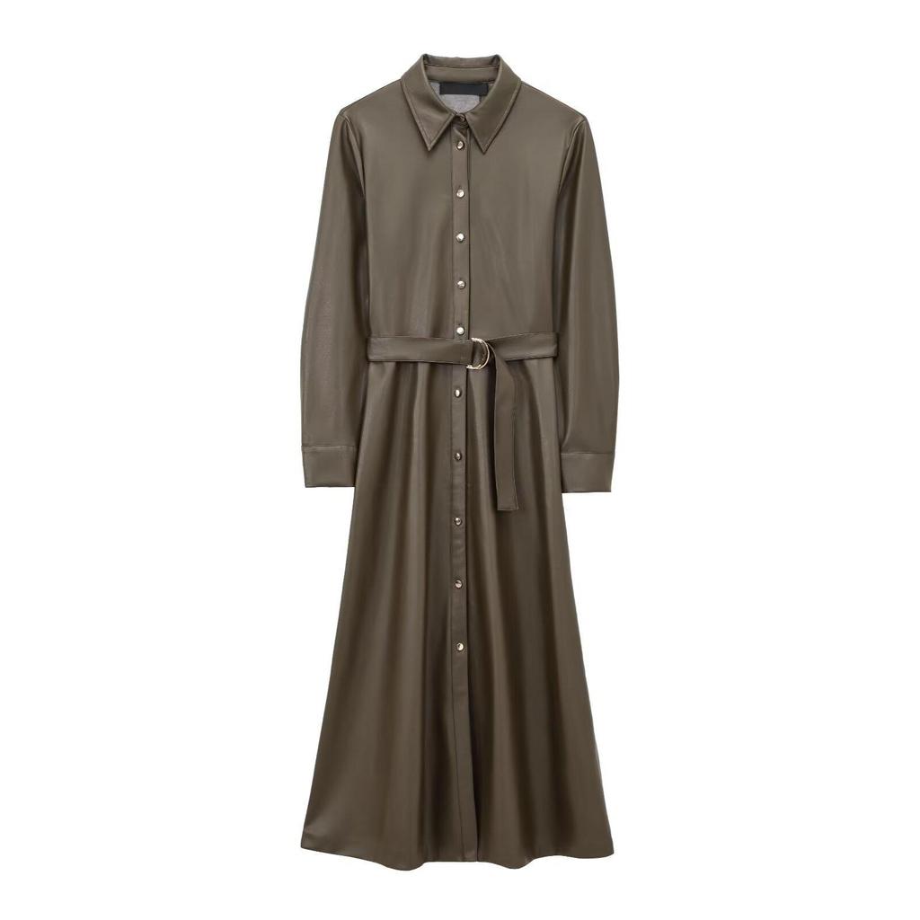 Women's 2025 Faux Leather Long-Sleeve Belted Shirt Dress – Winter Collection