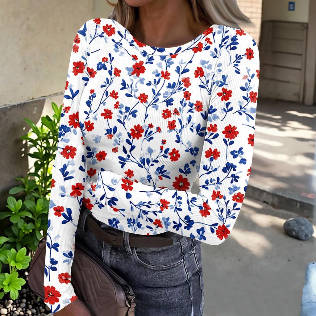 Women’s Casual Long Sleeve Ribbed Crew Neck Top with Floral Print Pullover Lightweight Stretchy Knitwear for Daily Wear