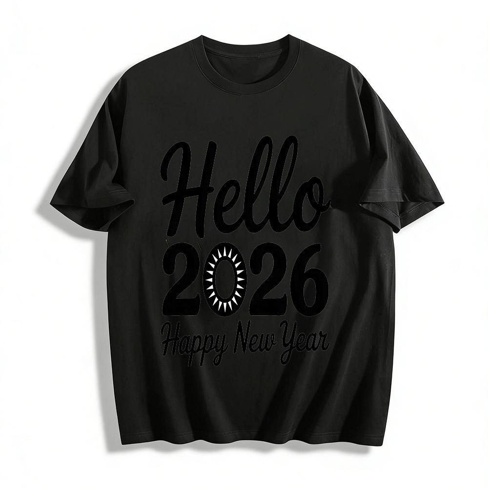 Hello 2026 Happy New Year Print Casual Holiday Sweatshirt Pure cotton T-shirt XXS