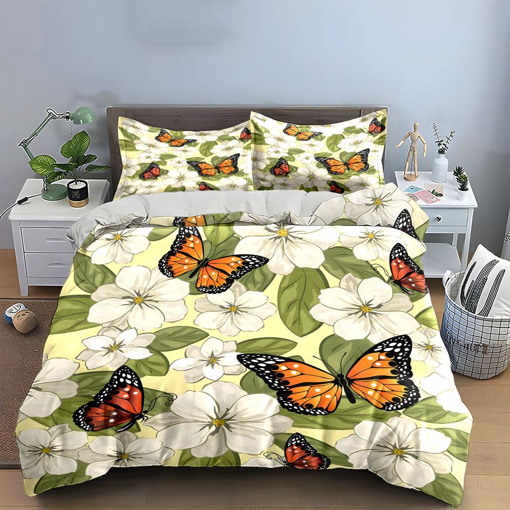 Butterfly and White Floral Pattern Bedding Duvet Cover Set (1*Duvet Cover 2*Pillowcases, without duvet insert)