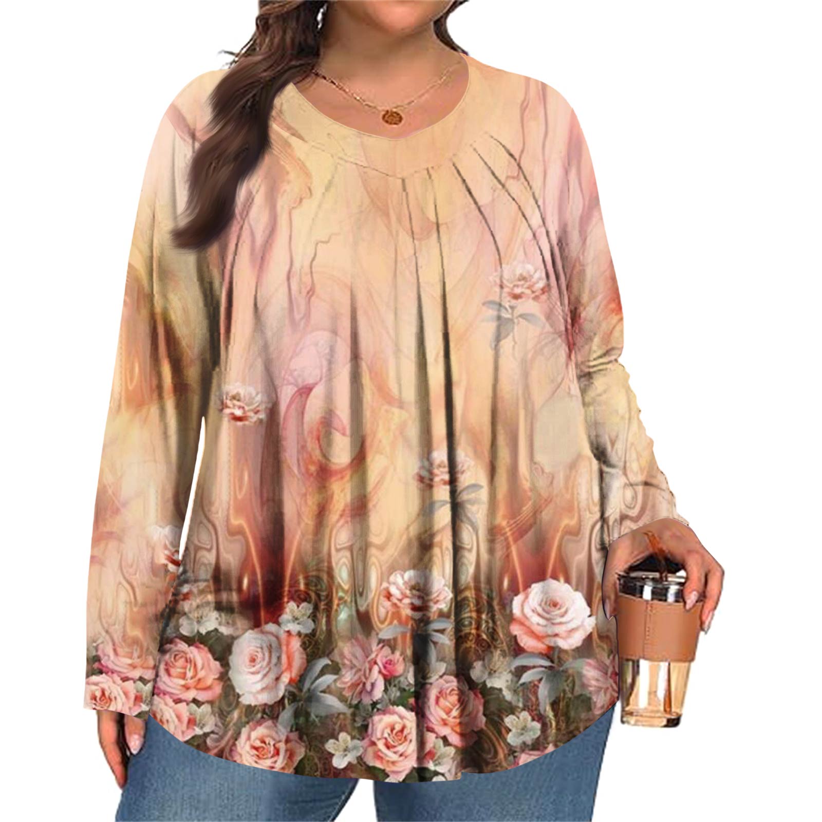 

Женский модный топ большого размера с принтом, повседневный плиссированный, с круглым вырезом и длинными рукавами XXL