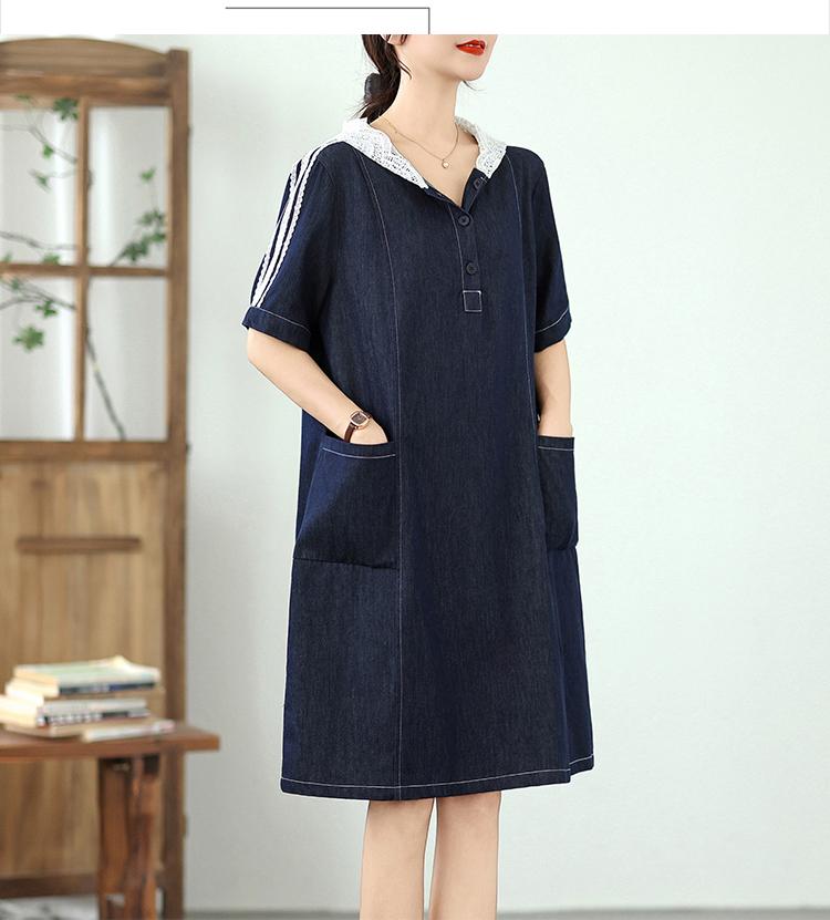 Rochie midi de vară casual largă cu mânecă scurtă, mărime plus, denim dantelă vintage, nou în rochii pentru femei