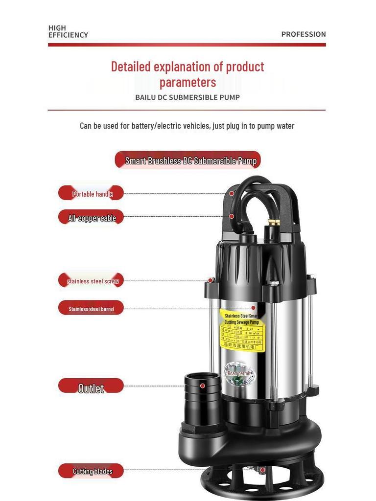 48V/60V/72V DC Brushless Submersible Sewage Pump for Household & Electric Vehicles