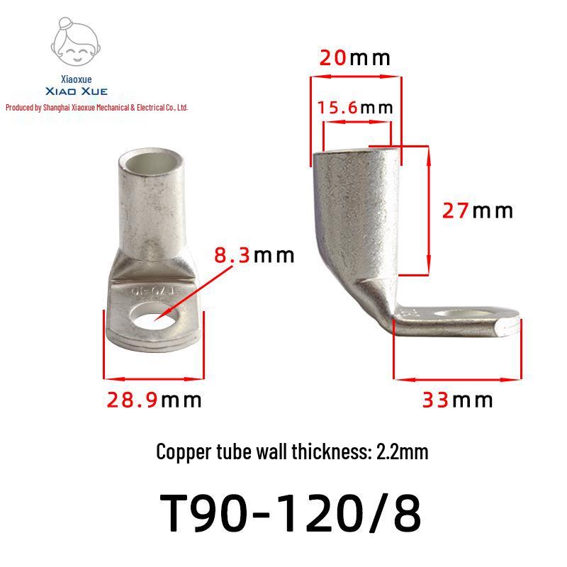 T90 Copper Tube Terminal, 90-Degree Right-Angle Bend Crimp Lug, T90-6/5 to T90-240/16 Copper Wire Lug