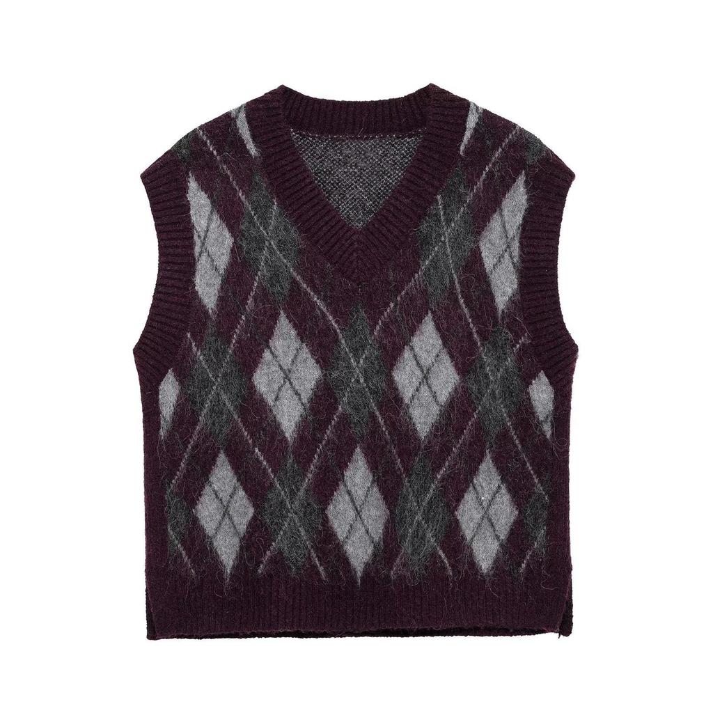 Spring 2025 Women's Fashion V-Neck Sleeveless Diamond Knit Vest