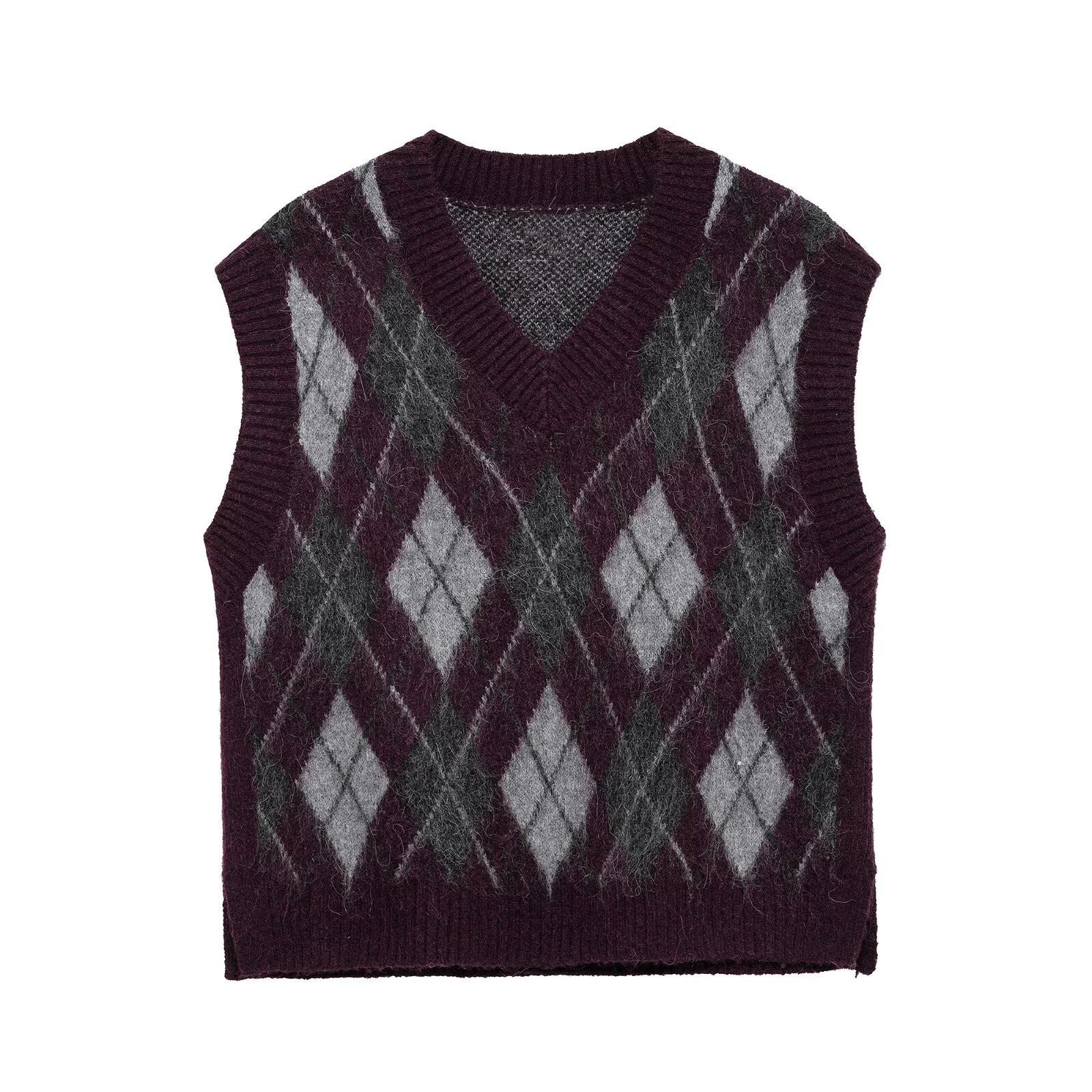 

Spring 2025 Women s Fashion V-Neck Sleeveless Diamond Knit Vest Large