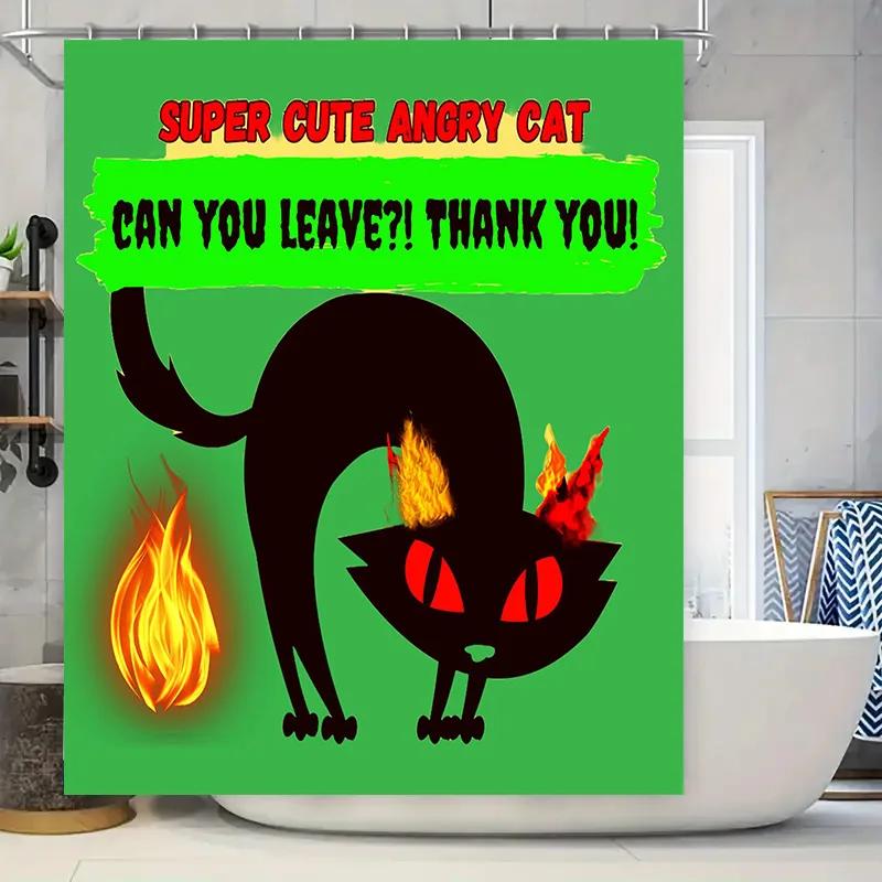 Angry Cat Shower Curtain Cute, Super Angry Cartoon Kitten Design In Red Eyes With Fiery Tail Decoration For Bathroom Decorations W60H190(CM)-1 Pcs