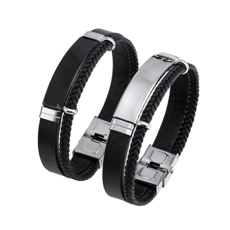 Hip Hop Punk Style Double Layer Braided Leather Bracelet Titanium Steel Chain