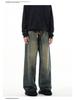 Autumn American Trend: Men's Loose Retro Yellow Mud-Dyed Straight Jeans, Washed & Distressed Wide-Leg Style