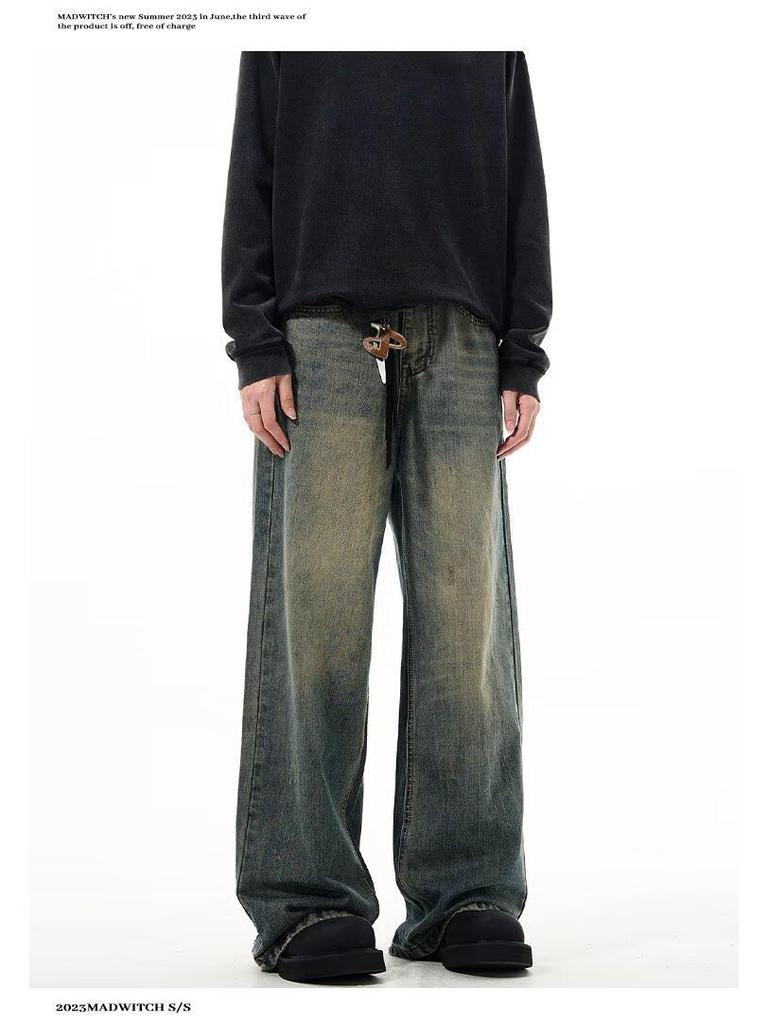 Autumn American Trend: Men's Loose Retro Yellow Mud-Dyed Straight Jeans, Washed & Distressed Wide-Leg Style