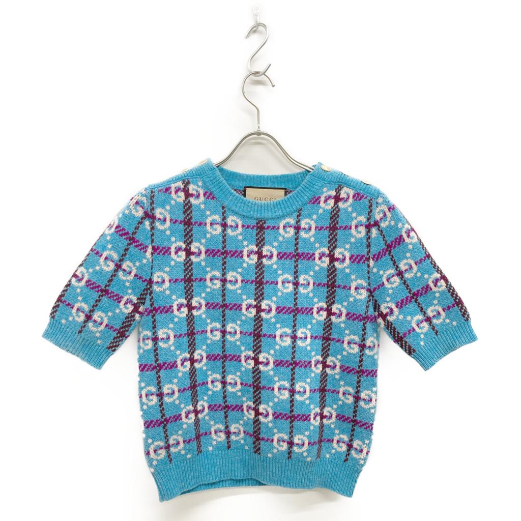 Gucci 23AW 731583 XKC1H Blue Wool Gold Button GGx Check Half Sleeve Knit Pullover Tops XS blueUsed