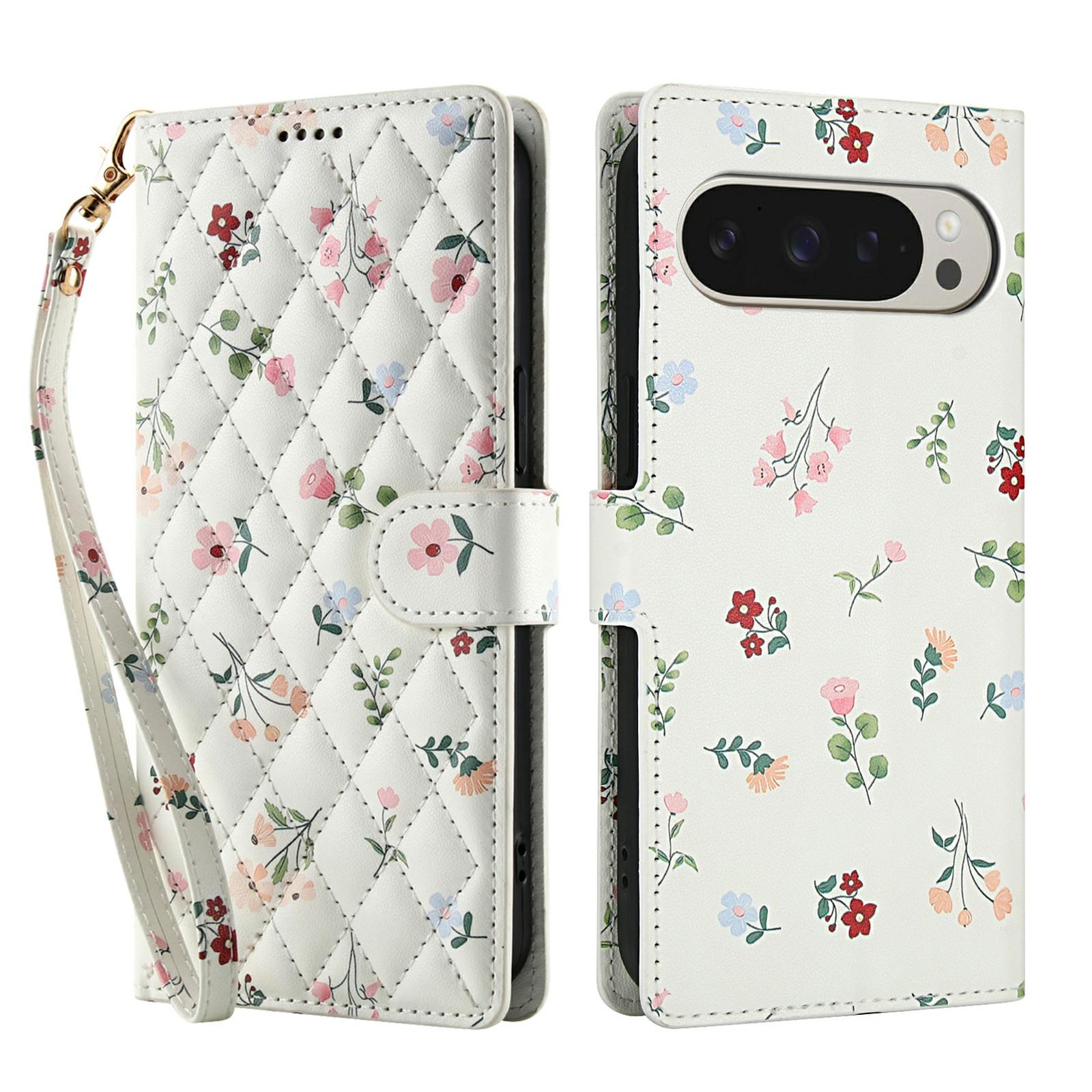 

For Google Pixel 10 Pro XL /9 Pro XL Wallet Case Rhombic Floral Design Leather Flip Phone Cover with Strap A