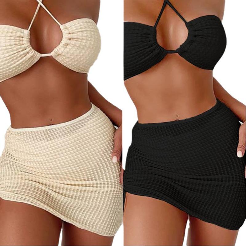 Solid color new neck sexy swimsuit with skirt three-piece split swimsuit women