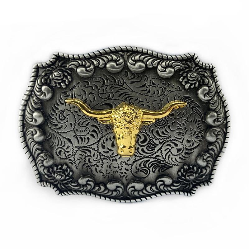 Ethnic Style Oval Buckle Denim Leather Belt with Bull Head Design