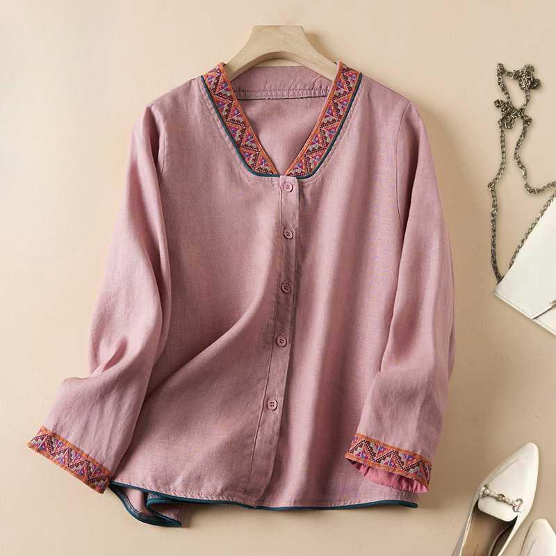 

Chinese Ethnic Style Embroidered Retro Shirt with Long-sleeved Thin Jacket Chinese Shirt S рожевий