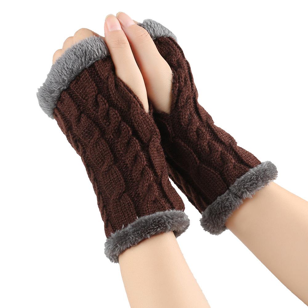 Solid Color Knitting Fingerless Plush Gloves Arm Warmers Thicked Gloves Autumn Winter Mittens For Adult