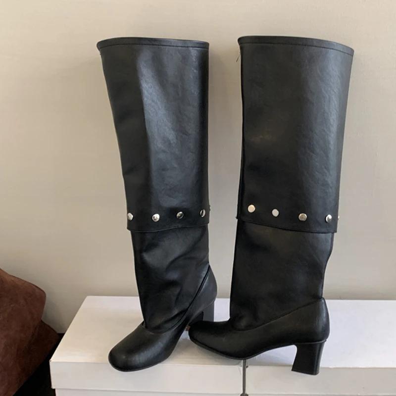 New Style Button Combination Splicing Women Knee High Boots Fashion Round Toe Pleated Leather Long Shoes Low Square Heels