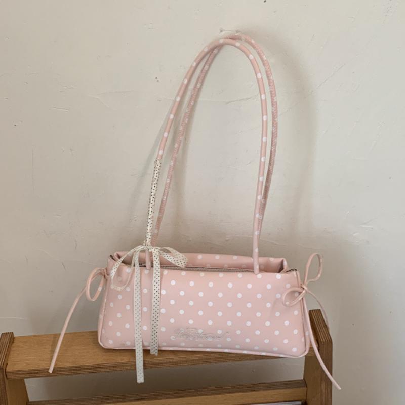 Y2k Polka Dot Shoulder Bag, Korean Fashion Elegant Underarm Bag Cute Lace Bow Decor Womens' Simple Commute Zippered Handbag