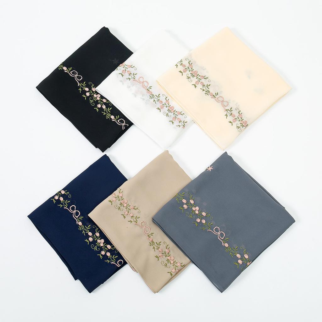 Woman Muslim Chiffon Hijab Scarf Ramadan Long Shawl Floral Embroidery Fashion Islam Solid Turban Headscarf Headwrap170*70cm
