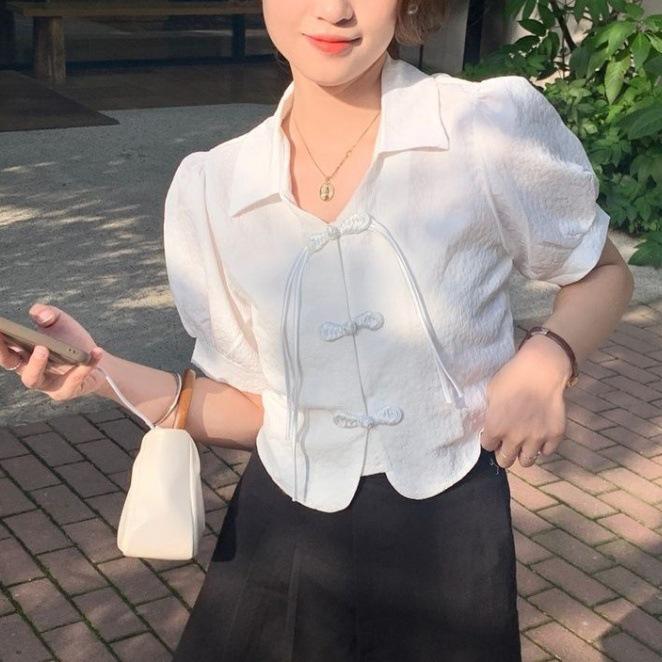 

Женская блузка в стиле ретро с пышными рукавами – белая рубашка с короткими рукавами во французском стиле Large белый