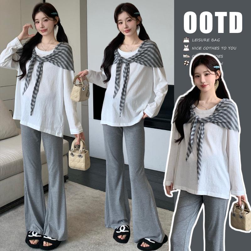 

Korean Style Maternity Striped T-Shirt, Shawl & Slimming Micro-Flare Pants Set M [45-57.5 kg]