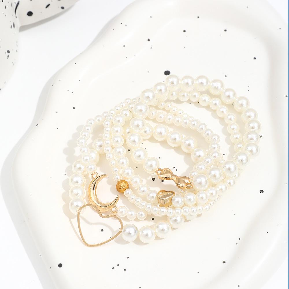 European & American Style Heart Crescent Moon Faux Pearl Layered Bracelet