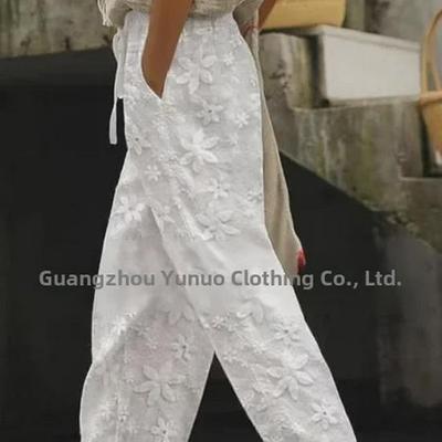 Pantaloni casual in lino di cotone ricamati eleganti da donna 2023