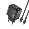 Ładowarka Sieciowa 2xUSB-C Z Kablem USB-C GaN PD 45W - Czarna