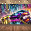 Street Racing Neon-lit Urban Landscape Digital Printing Polyester Wall Tapestry Suitable for Use Living Rooms Bedrooms Offices