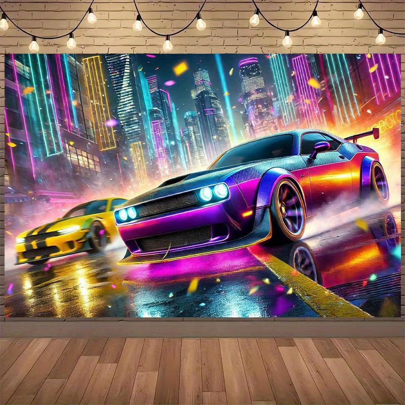 Street Racing Neon-lit Urban Landscape Digital Printing Polyester Wall Tapestry Suitable for Use Living Rooms Bedrooms Offices