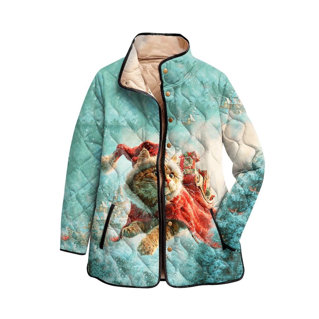 Dámský vánoční potisk s vysokým límcem polstrovaný bavlněný kabát s dlouhým rukávem a zapínáním na knoflíky