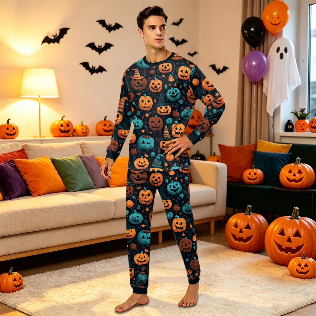 Family Matching Halloween Printed Loungewear Set with Long Sleeve Top and Pants for Parents and Kids
