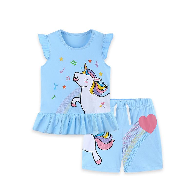 Girls' Unicorn Print Shorts & Top Set - European/American Style, Cute Summer Outfit
