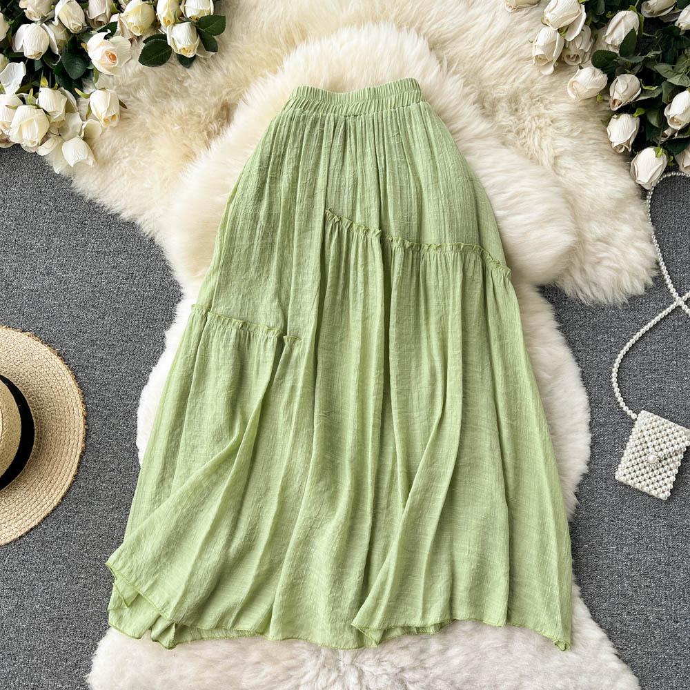Summer High Waist Drape A-Line Skirt Fashion Elastic All-Match Pleated Large Swing Temperament Midi Skirt
