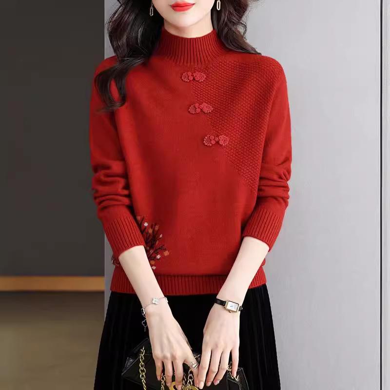 Damen Strickoberteil im chinesischen Stil mit halbem Stehkragen, einfarbiger Pullover, Pullover mit halbem Stehkragen für Damen