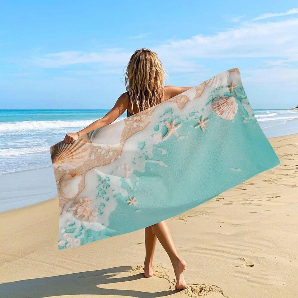 Artistic Seashell Starfish Beach Towel, Coastal Ocean Pattern Quick Dry Absorbent, Large Sand Free Travel Pool Essentials