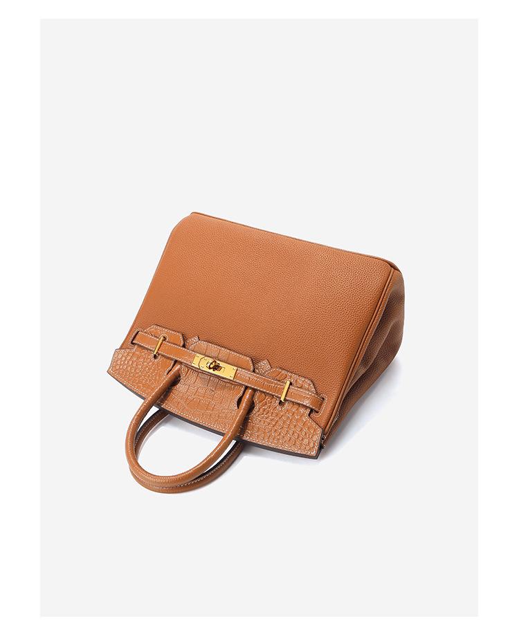 Sac à Bandoulière en Cuir de Vachette Motif Crocodile, Grand Sac à Main Rétro Style Kelly pour Femmes