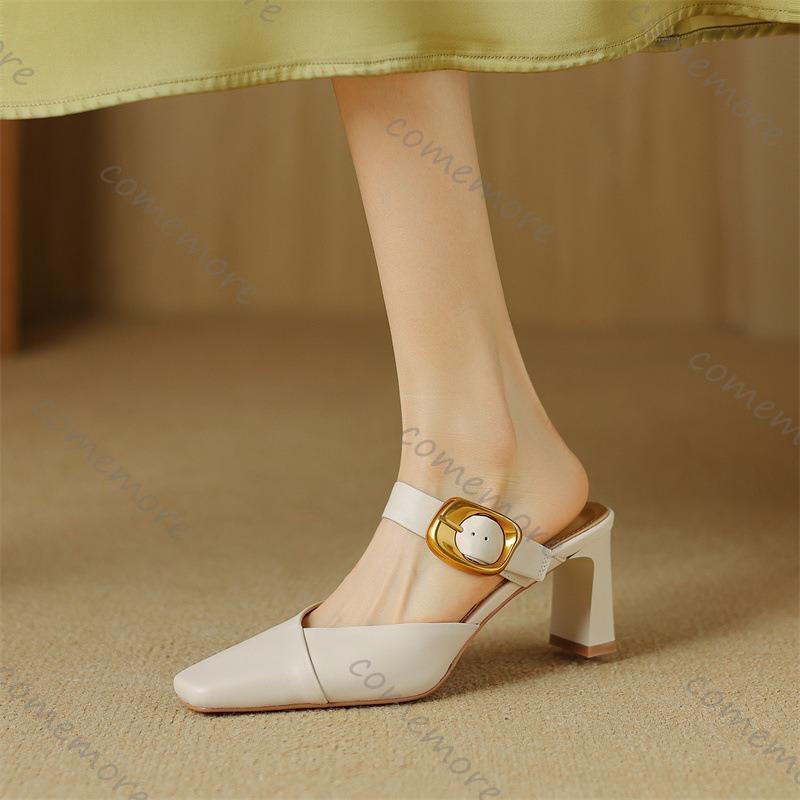 Comemore Baotou Sandal Slippers Summer New Casual Outside Wear Leather High-heeled Solid Mules Half Slipper for Women