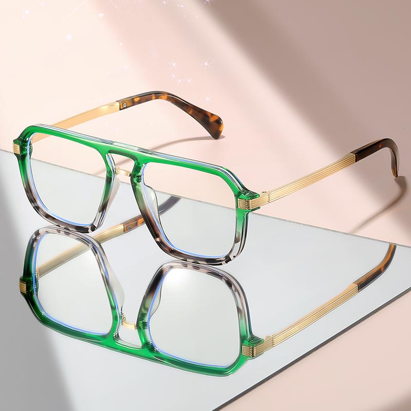 

Double-beam flat-top anti-blue light glasses with metal temple, versatile for daily wear and decorative flat light glasses зелёный
