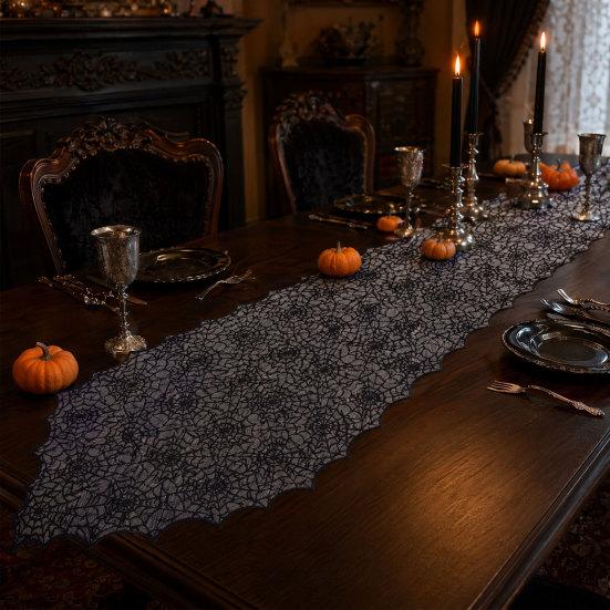Halloween Spinnennetz Tischläufer, Esstischläufer, Fleckenresistenter Hohl-Tischläufer Halloween Party Dekoration
