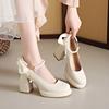 New Mary Janes Pumps for Womens Shoe Round Toe Shallow Mouth Beaded Bow 8.5CM Thick High Heels Office Shoes Size 34-43