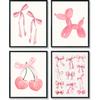 ULEGIE Coquette Pink Bow Preppy Wall Art Decor Set of 4, Coquette Room Decor, Cherry Balloon Dog Preppy Room Decor, Girly Pink Posters Prints for